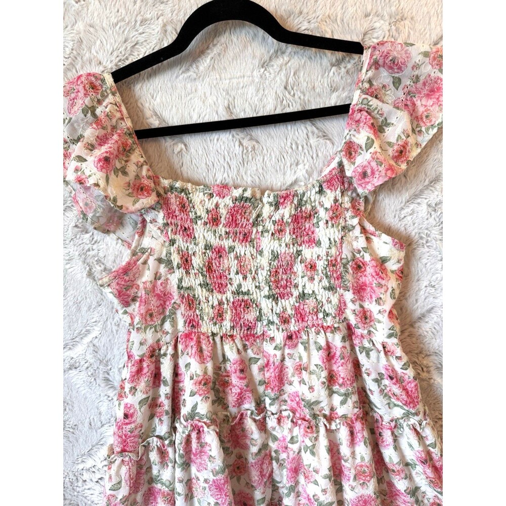 Just Me Dress Size Large Mini Floral Pink Lined Cottagecore Flutter Sleeve - Picture 12 of 16